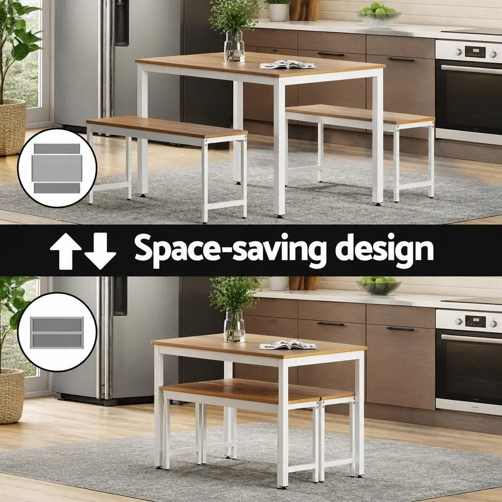 3-Piece Dining Table and Bench Set with Metal Legs