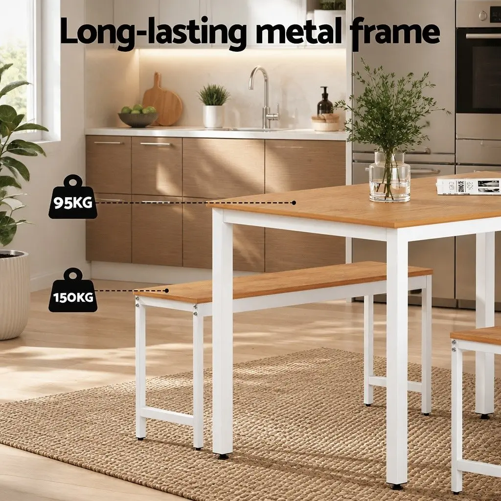 3-Piece Dining Table and Bench Set with Metal Legs