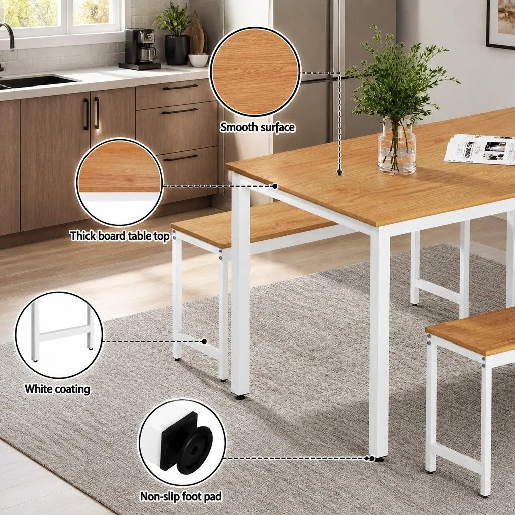 3-Piece Dining Table and Bench Set with Metal Legs