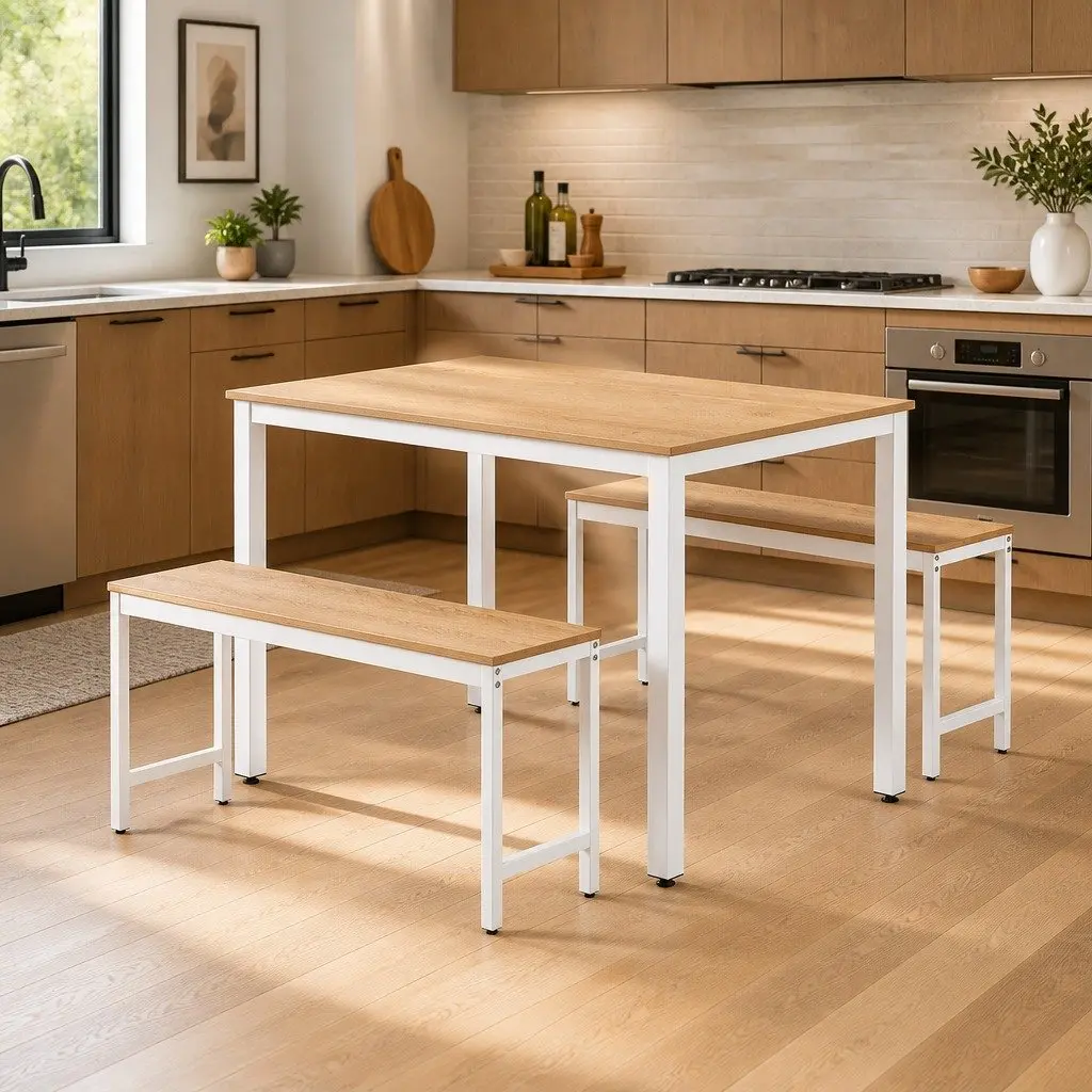 3-Piece Dining Table and Bench Set with Metal Legs