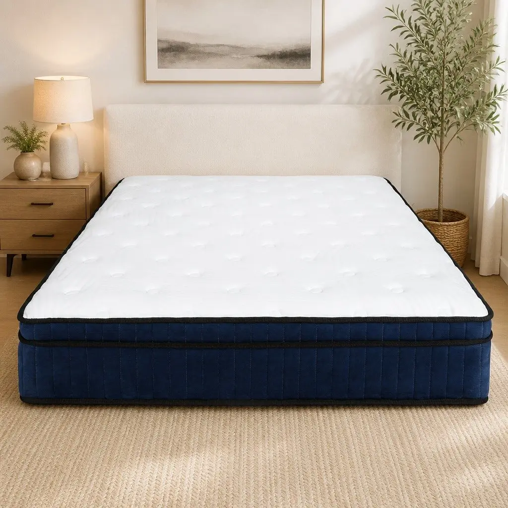 Double Mattress Medium Firm 7 Zone Pocket Spring Hybrid Foam Support 188cm x 138cm x 34cm White and Blue