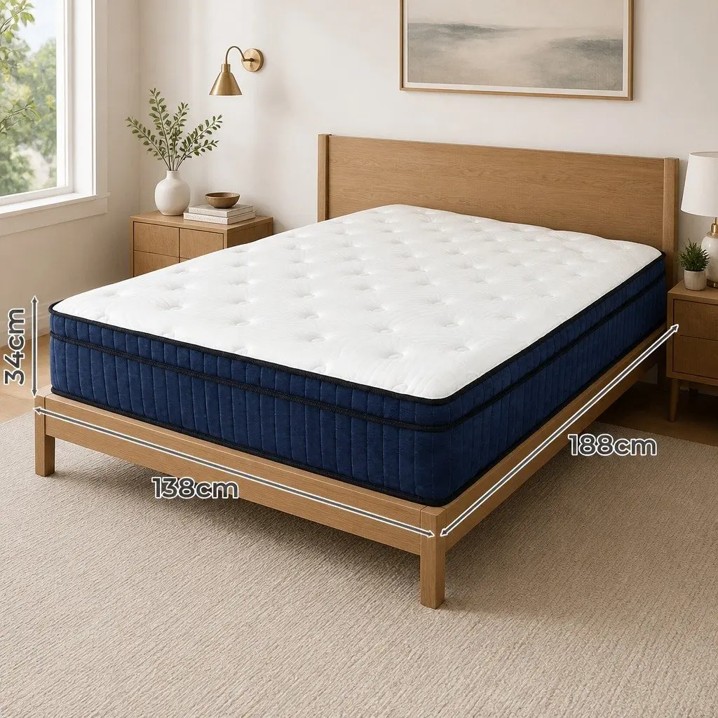 Double Mattress Medium Firm 7 Zone Pocket Spring Hybrid Foam Support 188cm x 138cm x 34cm White and Blue