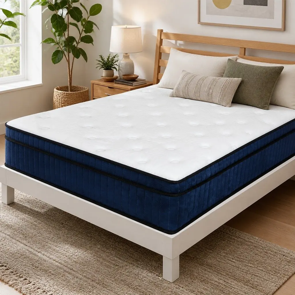 Double Mattress Medium Firm 7 Zone Pocket Spring Hybrid Foam Support 188cm x 138cm x 34cm White and Blue
