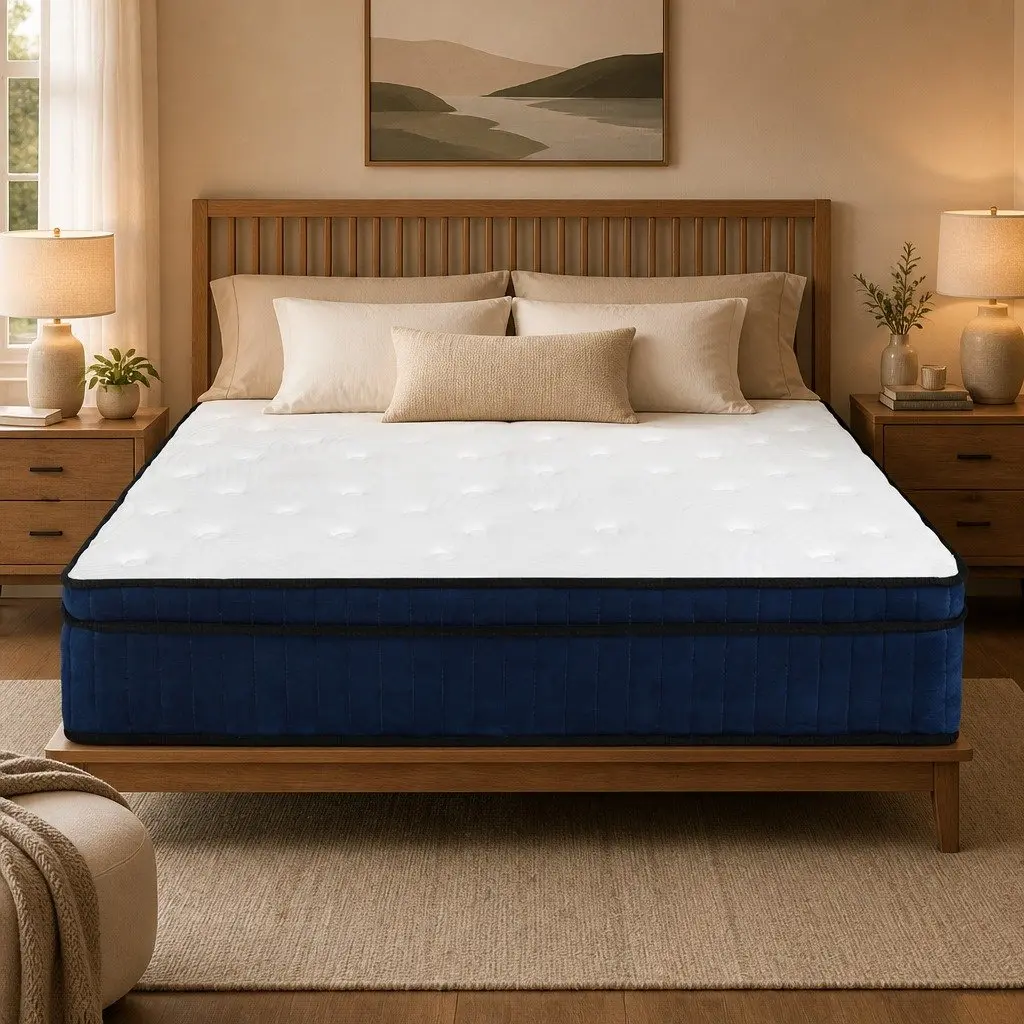 Double Mattress Medium Firm 7 Zone Pocket Spring Hybrid Foam Support 188cm x 138cm x 34cm White and Blue