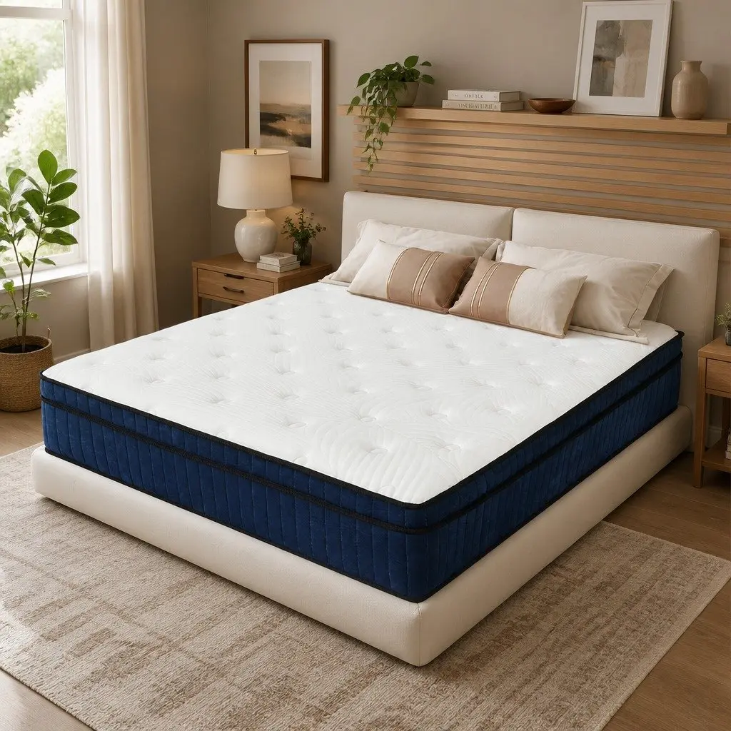 Double Mattress Medium Firm 7 Zone Pocket Spring Hybrid Foam Support 188cm x 138cm x 34cm White and Blue