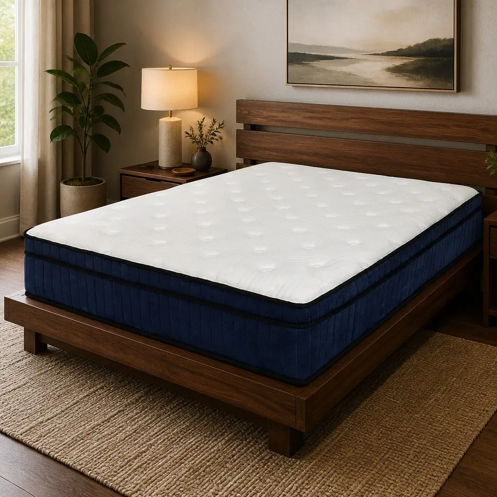 Double Mattress Medium Firm 7 Zone Pocket Spring Hybrid Foam Support 188cm x 138cm x 34cm White and Blue
