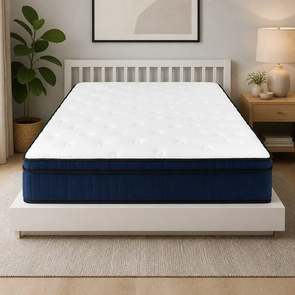 King Mattress Medium Firm 7 Zone Pocket Spring Hybrid Foam Support 203cm x 183cm x 34cm Knitted Fabric White and Blue