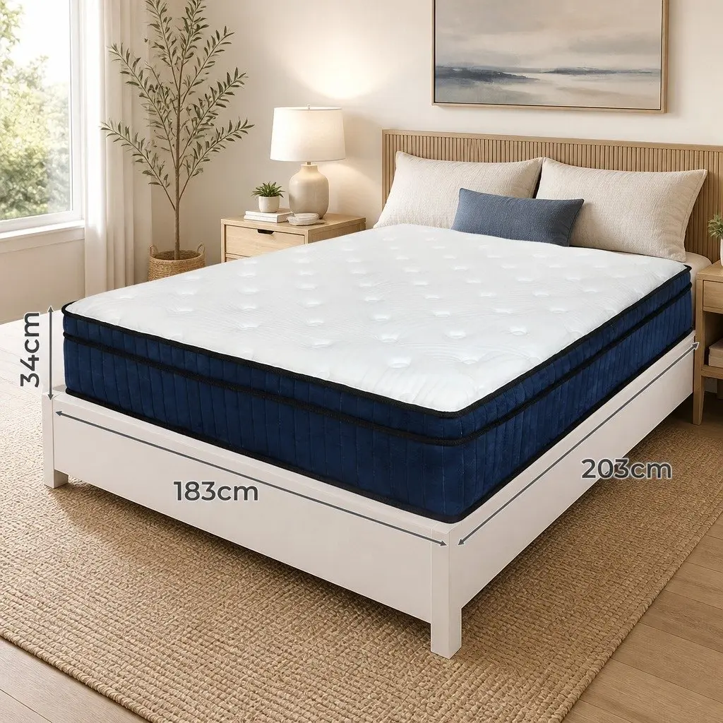 King Mattress Medium Firm 7 Zone Pocket Spring Hybrid Foam Support 203cm x 183cm x 34cm Knitted Fabric White and Blue