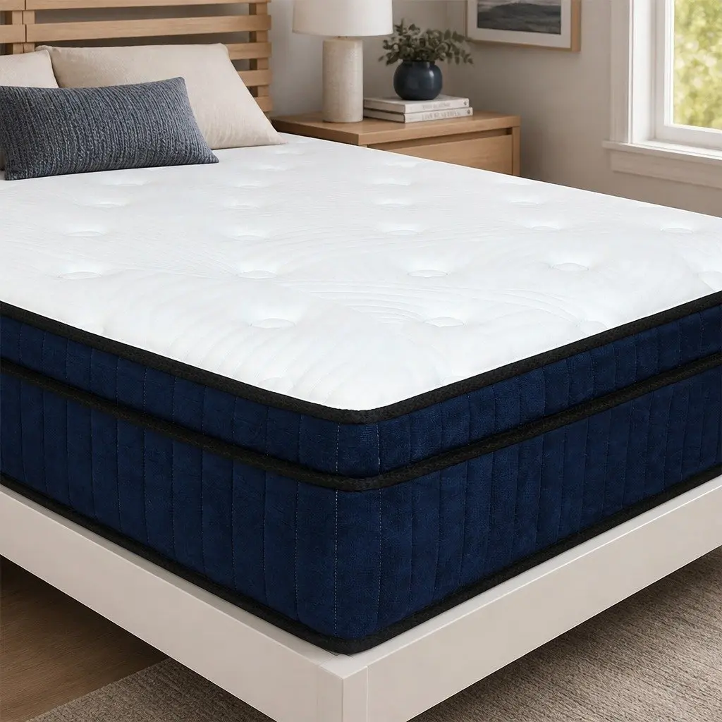 King Mattress Medium Firm 7 Zone Pocket Spring Hybrid Foam Support 203cm x 183cm x 34cm Knitted Fabric White and Blue