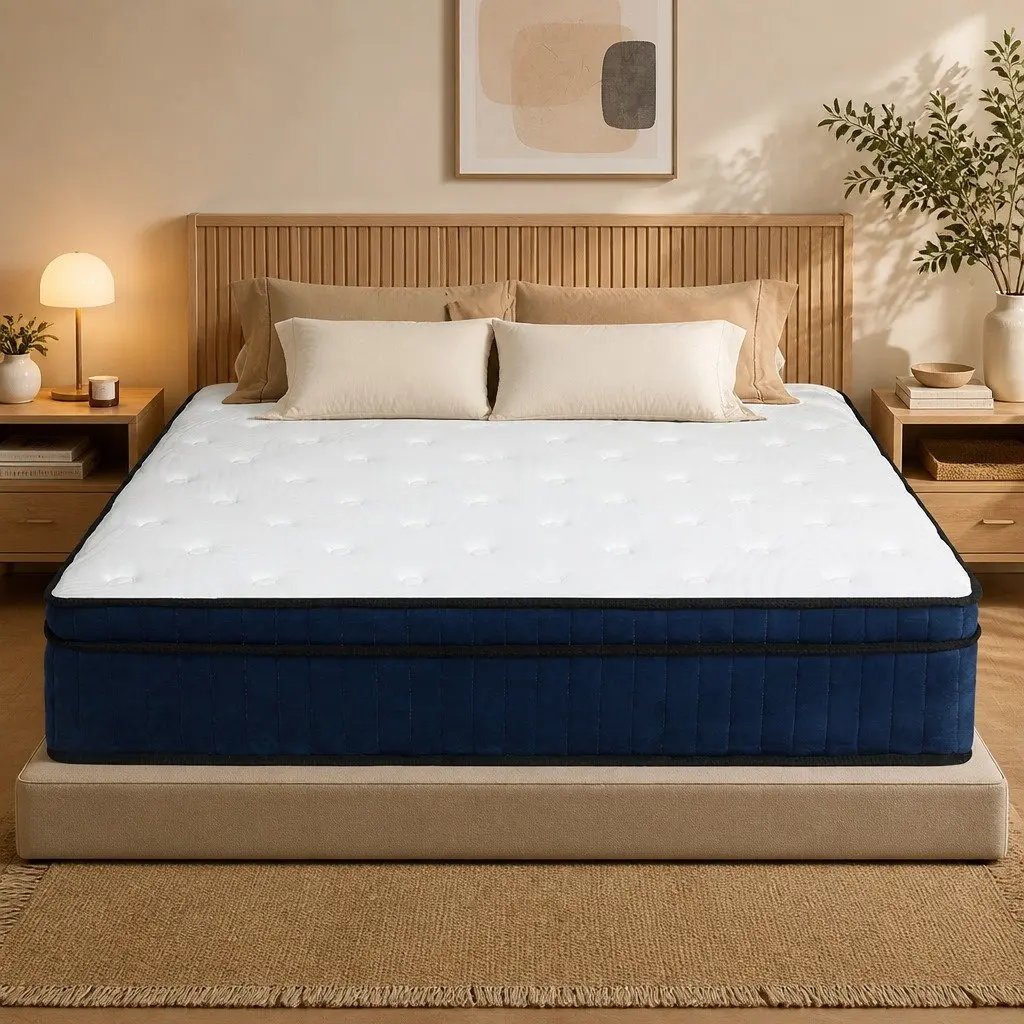 King Mattress Medium Firm 7 Zone Pocket Spring Hybrid Foam Support 203cm x 183cm x 34cm Knitted Fabric White and Blue