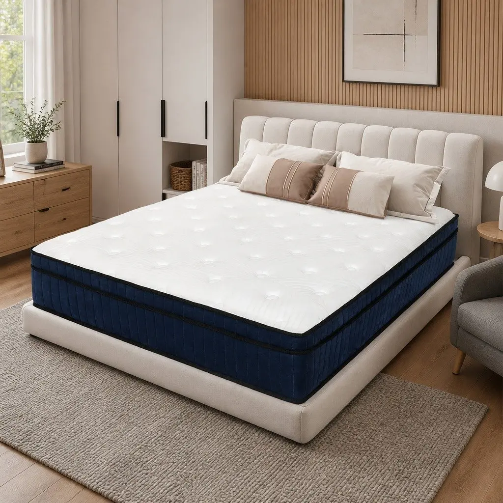 King Mattress Medium Firm 7 Zone Pocket Spring Hybrid Foam Support 203cm x 183cm x 34cm Knitted Fabric White and Blue