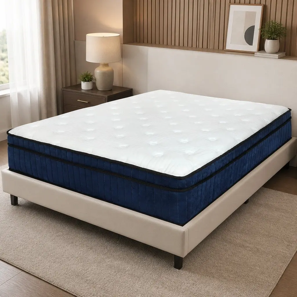 King Mattress Medium Firm 7 Zone Pocket Spring Hybrid Foam Support 203cm x 183cm x 34cm Knitted Fabric White and Blue