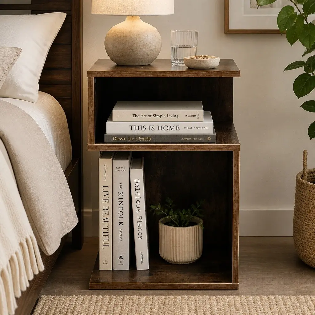 Bedside Table Industrial Style Oak 33x33x50cm Wooden Open Shelves