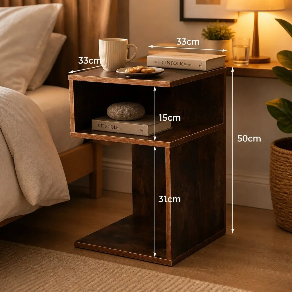 Bedside Table Industrial Style Oak 33x33x50cm Wooden Open Shelves
