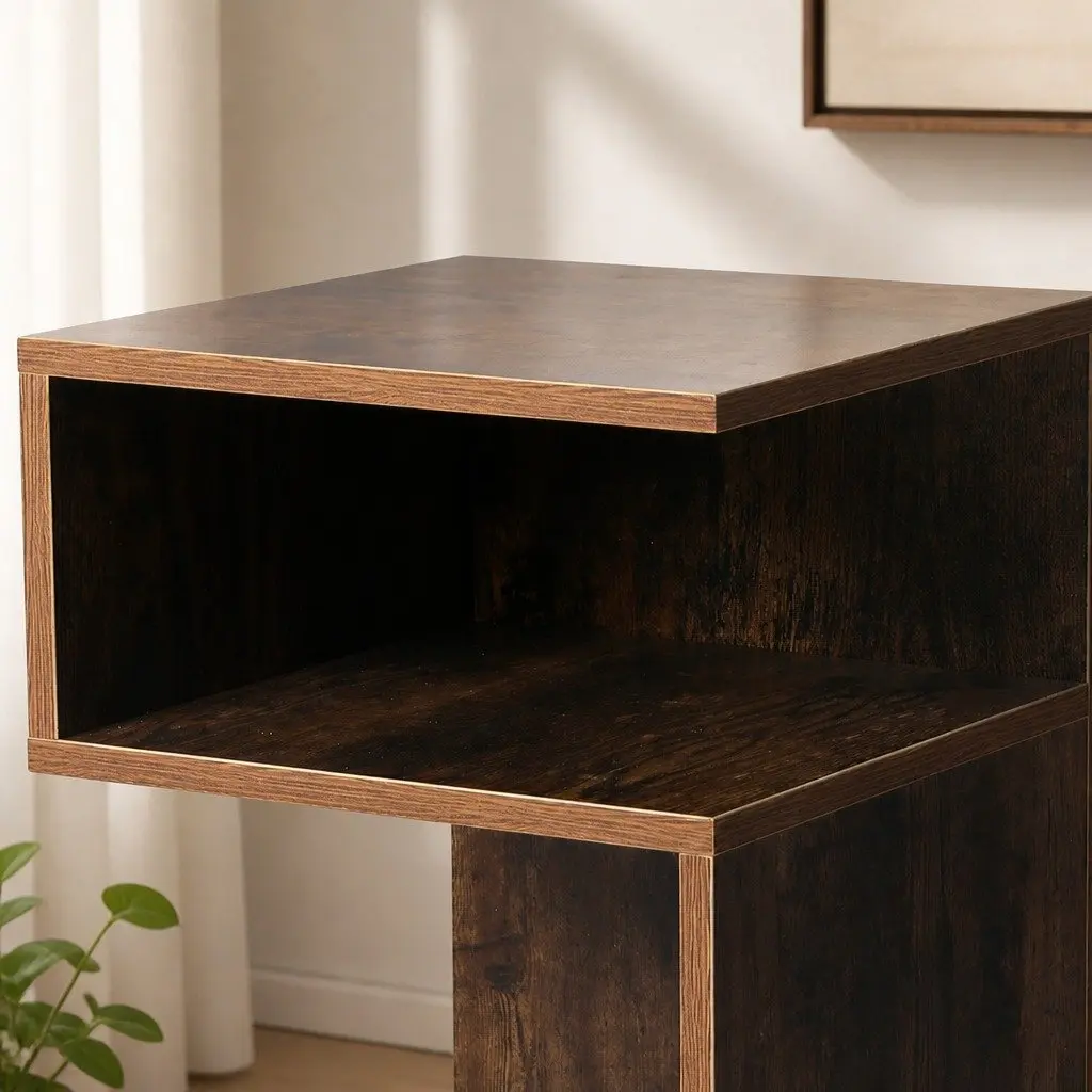 Bedside Table Industrial Style Oak 33x33x50cm Wooden Open Shelves