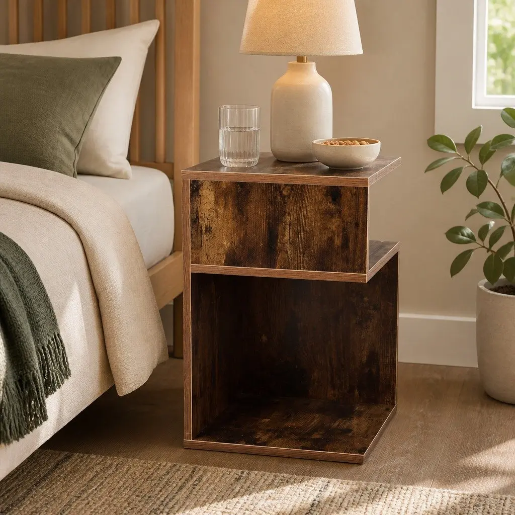 Bedside Table Industrial Style Oak 33x33x50cm Wooden Open Shelves