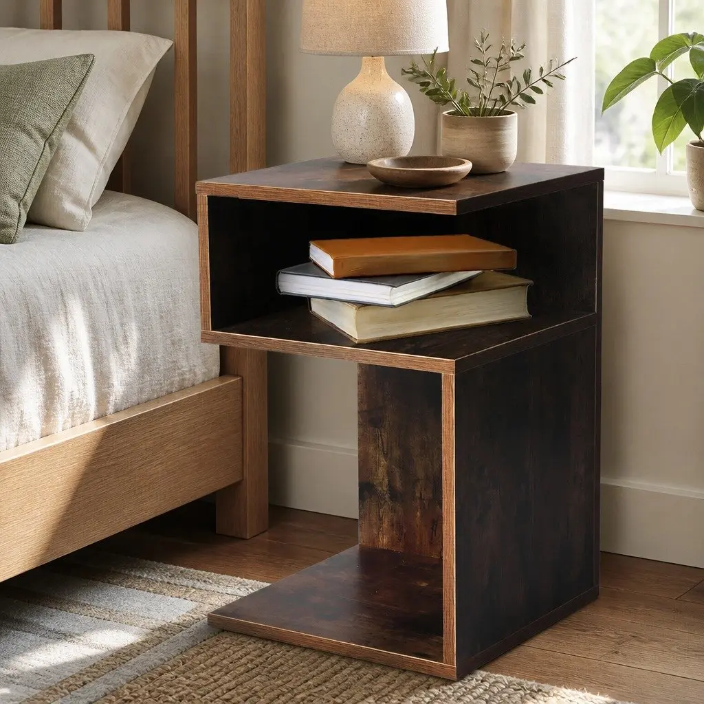 Bedside Table Industrial Style Oak 33x33x50cm Wooden Open Shelves