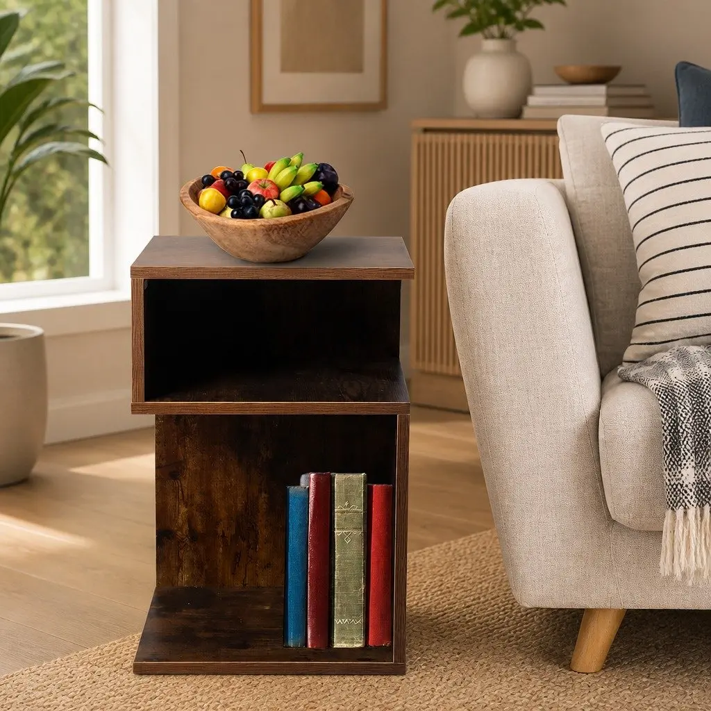 Bedside Table Industrial Style Oak 33x33x50cm Wooden Open Shelves
