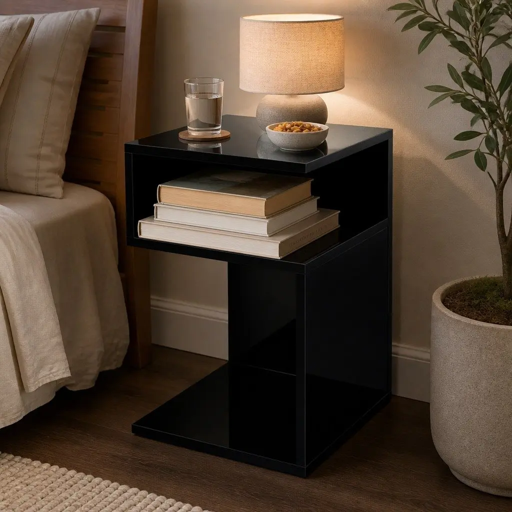 Bedside Table Black High Gloss Open Shelves Storage Night Stand Particle Board 33cm W x 33cm D x 50cm H
