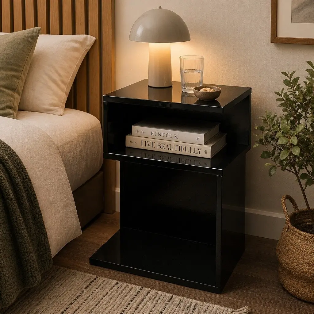 Bedside Table Black High Gloss Open Shelves Storage Night Stand Particle Board 33cm W x 33cm D x 50cm H