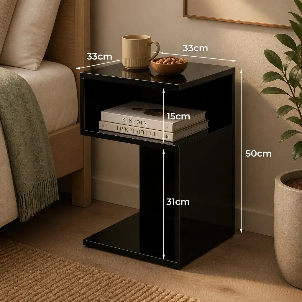 Bedside Table Black High Gloss Open Shelves Storage Night Stand Particle Board 33cm W x 33cm D x 50cm H
