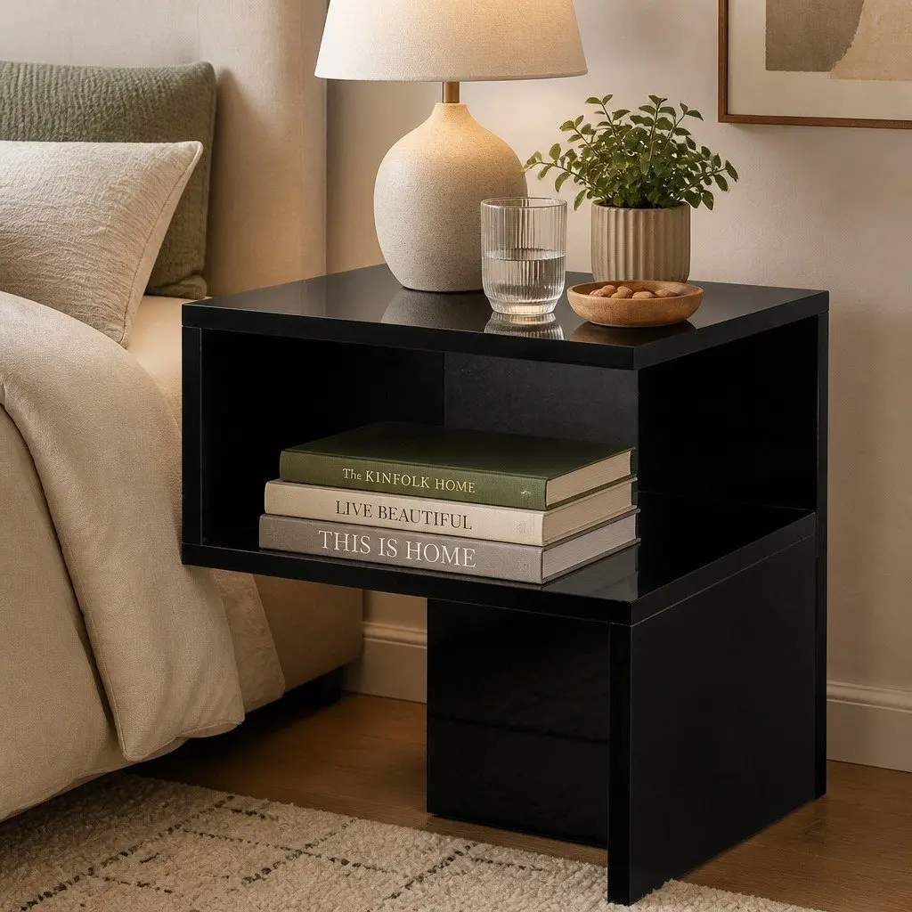 Bedside Table Black High Gloss Open Shelves Storage Night Stand Particle Board 33cm W x 33cm D x 50cm H