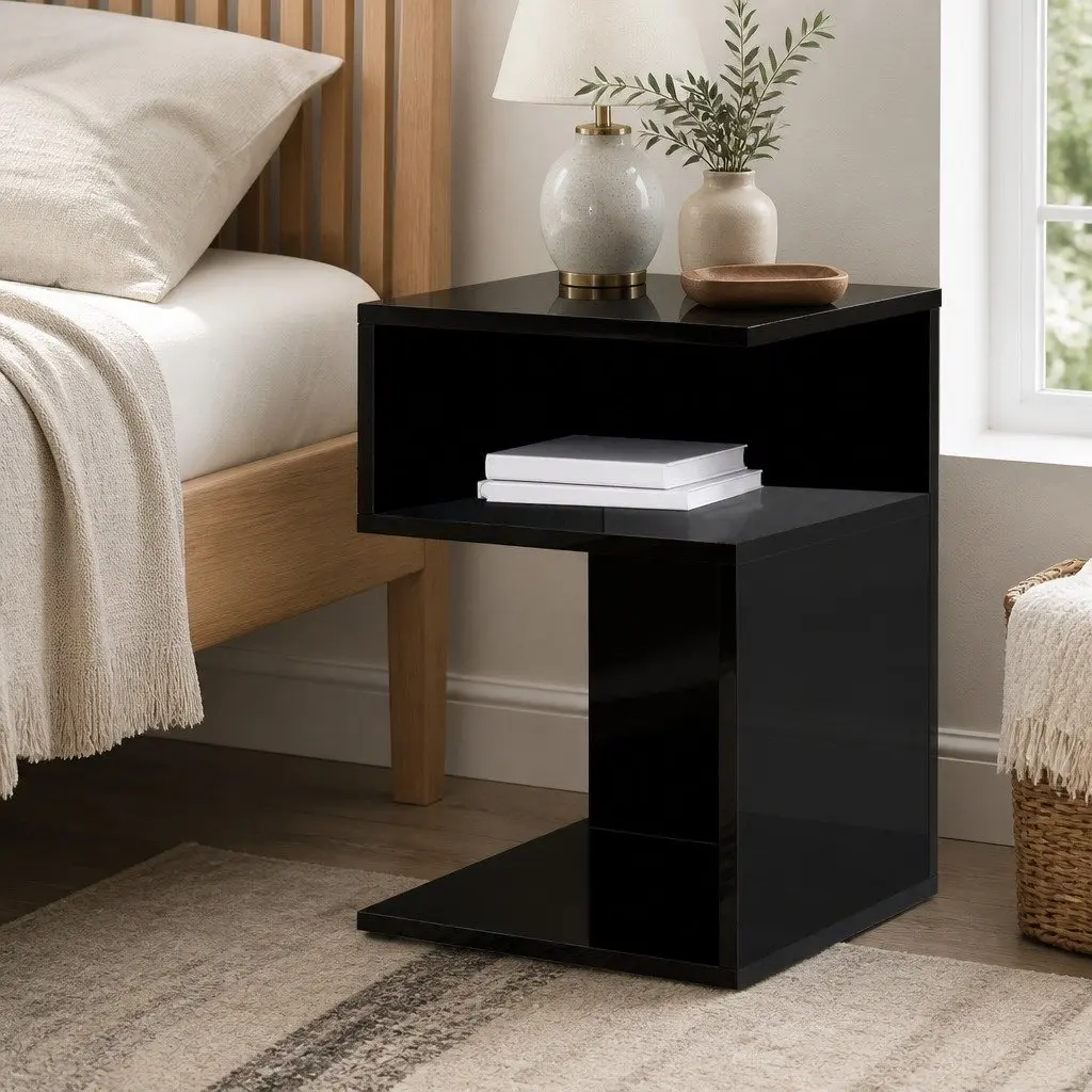 Bedside Table Black High Gloss Open Shelves Storage Night Stand Particle Board 33cm W x 33cm D x 50cm H