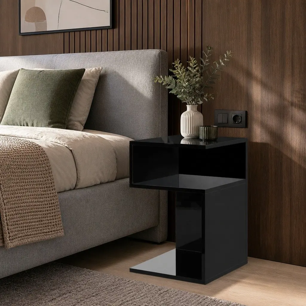 Bedside Table Black High Gloss Open Shelves Storage Night Stand Particle Board 33cm W x 33cm D x 50cm H