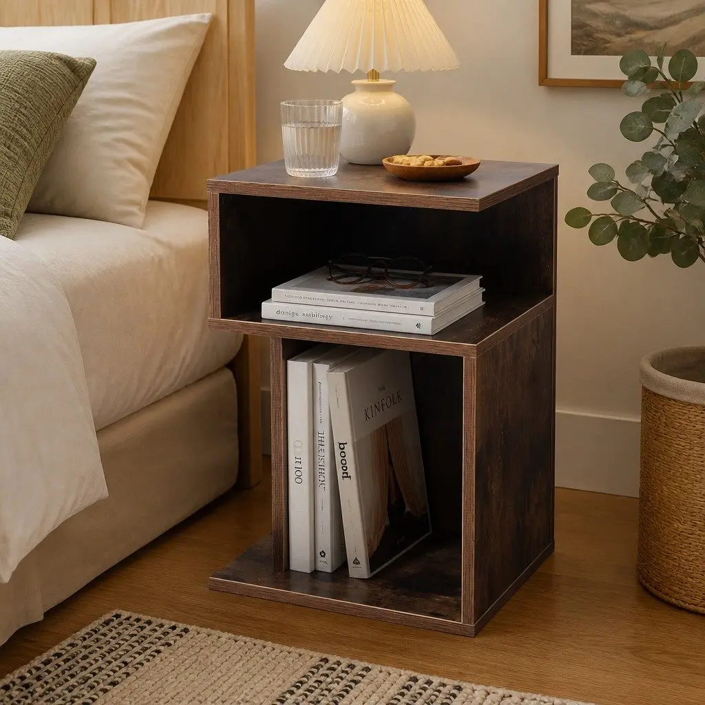 Bedside Table Oak Industrial Style Storage Nightstand 33cm W x 33cm D x 50cm H Particle Board