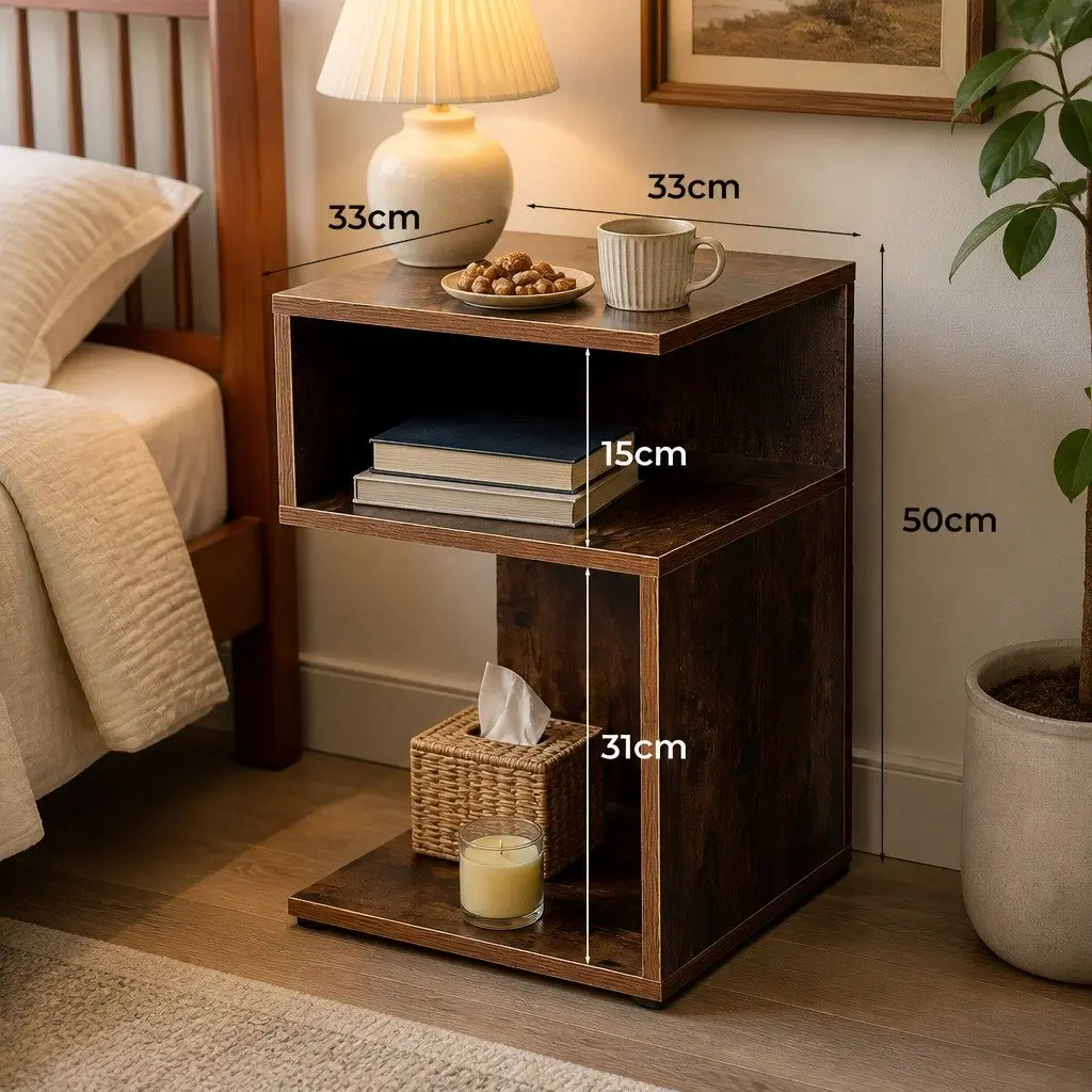 Bedside Table Oak Industrial Style Storage Nightstand 33cm W x 33cm D x 50cm H Particle Board