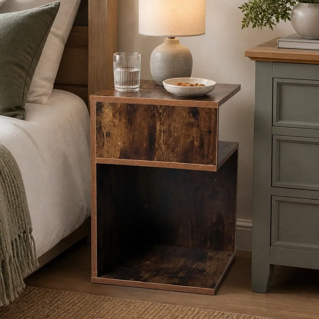 Bedside Table Oak Industrial Style Storage Nightstand 33cm W x 33cm D x 50cm H Particle Board