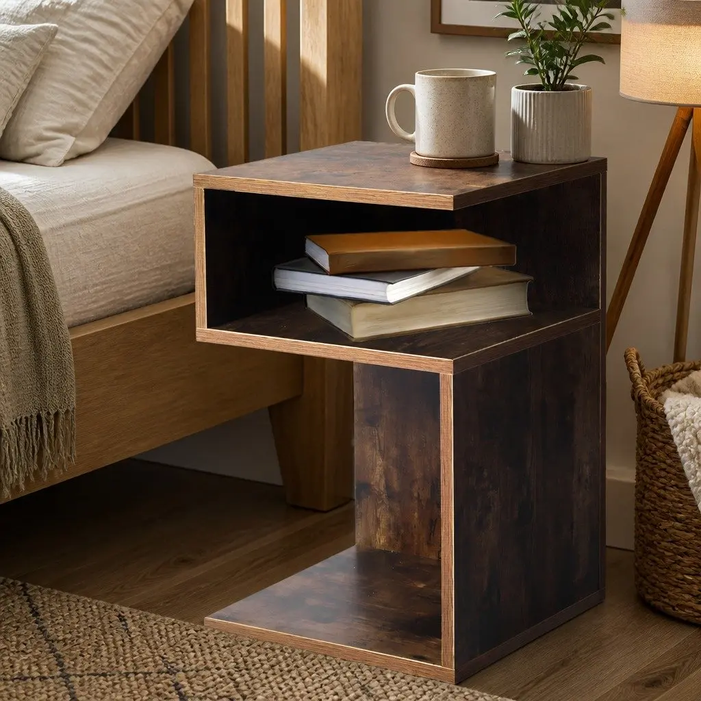Bedside Table Oak Industrial Style Storage Nightstand 33cm W x 33cm D x 50cm H Particle Board