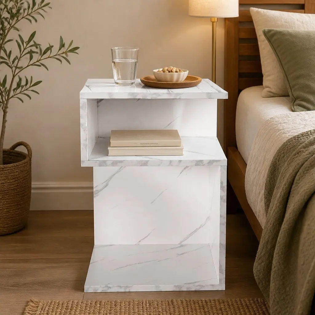 Bedside Table Marbled White Open Shelves Storage Particle Board 33cm x 33cm x 50cm