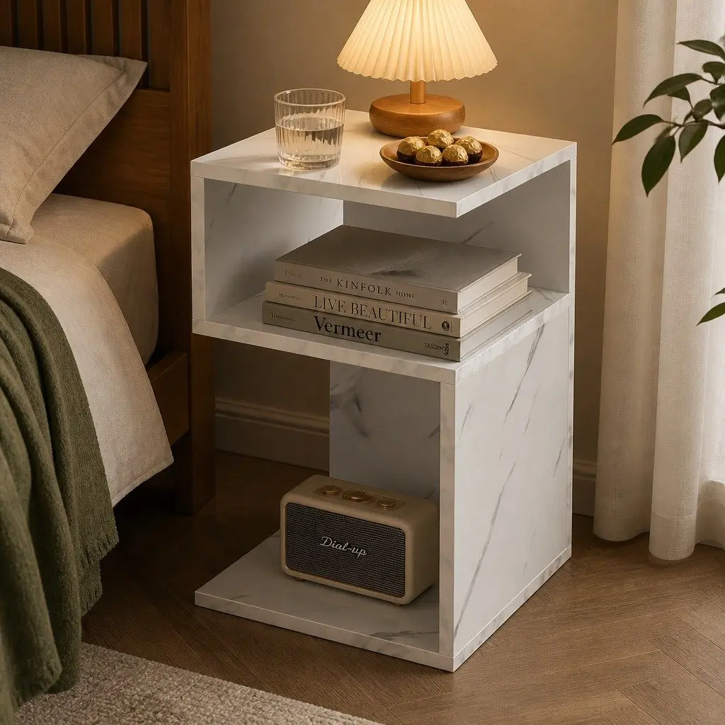 Bedside Table Marbled White Open Shelves Storage Particle Board 33cm x 33cm x 50cm