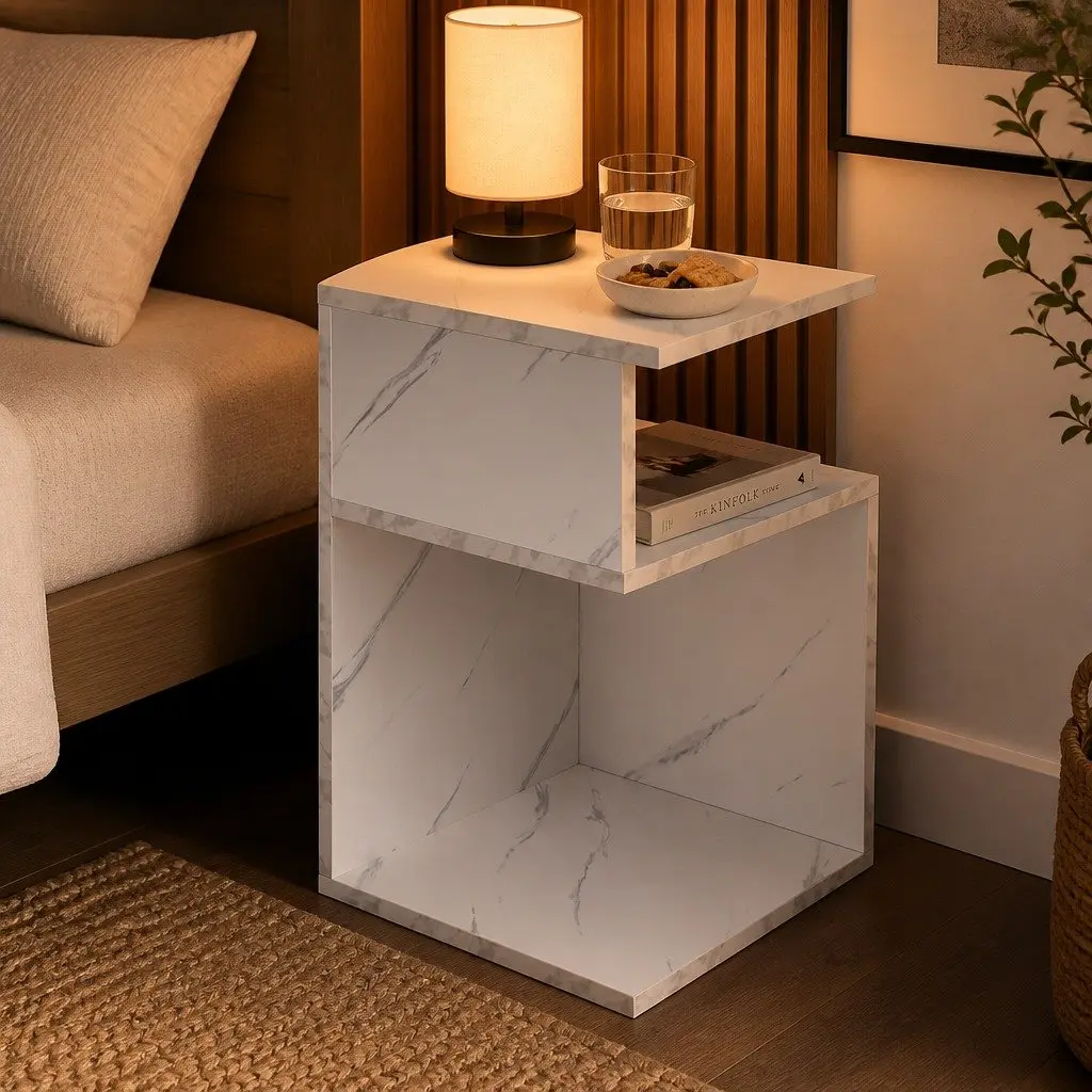 Bedside Table Marbled White Open Shelves Storage Particle Board 33cm x 33cm x 50cm