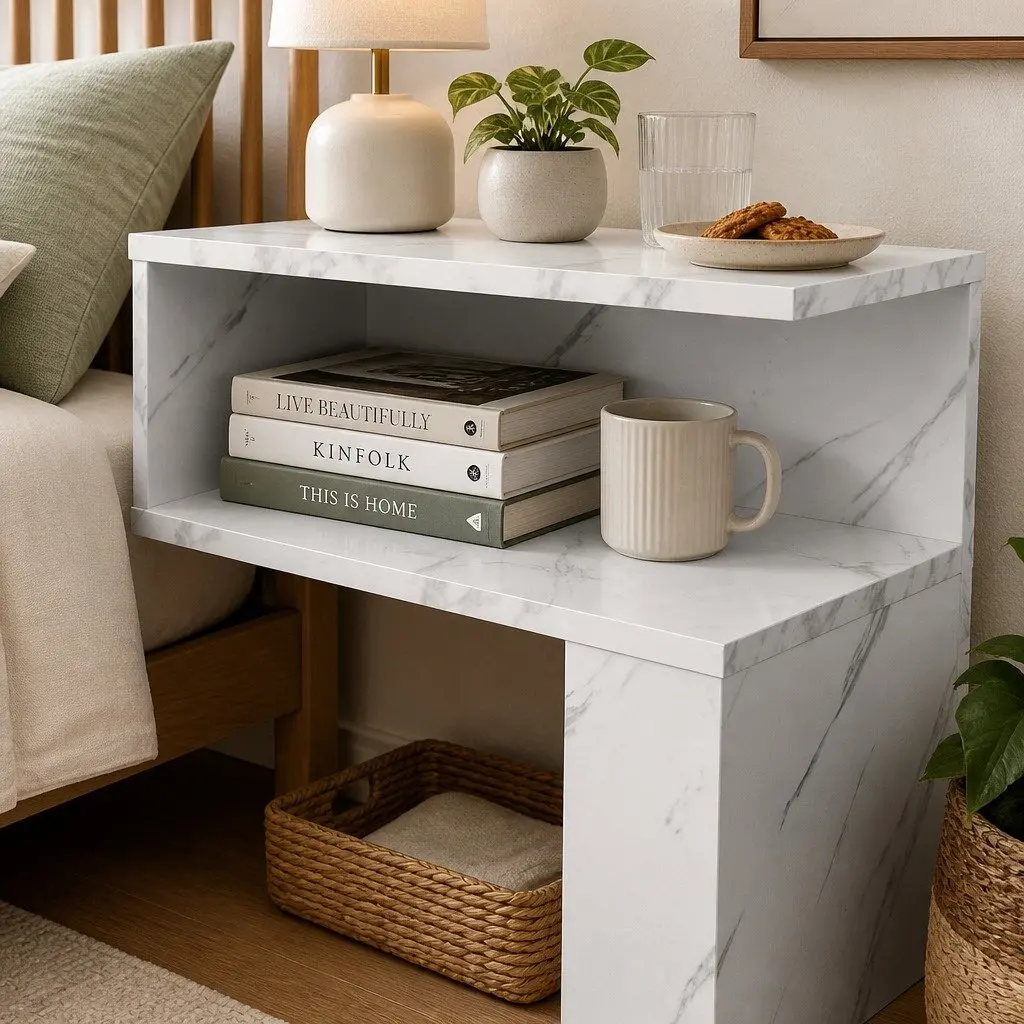 Bedside Table Marbled White Open Shelves Storage Particle Board 33cm x 33cm x 50cm