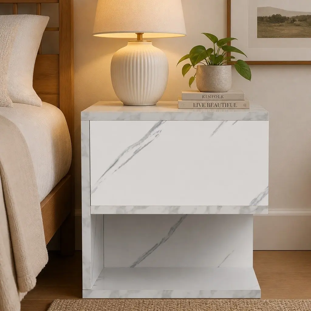 Bedside Table Marbled White Open Shelves Storage Particle Board 33cm x 33cm x 50cm