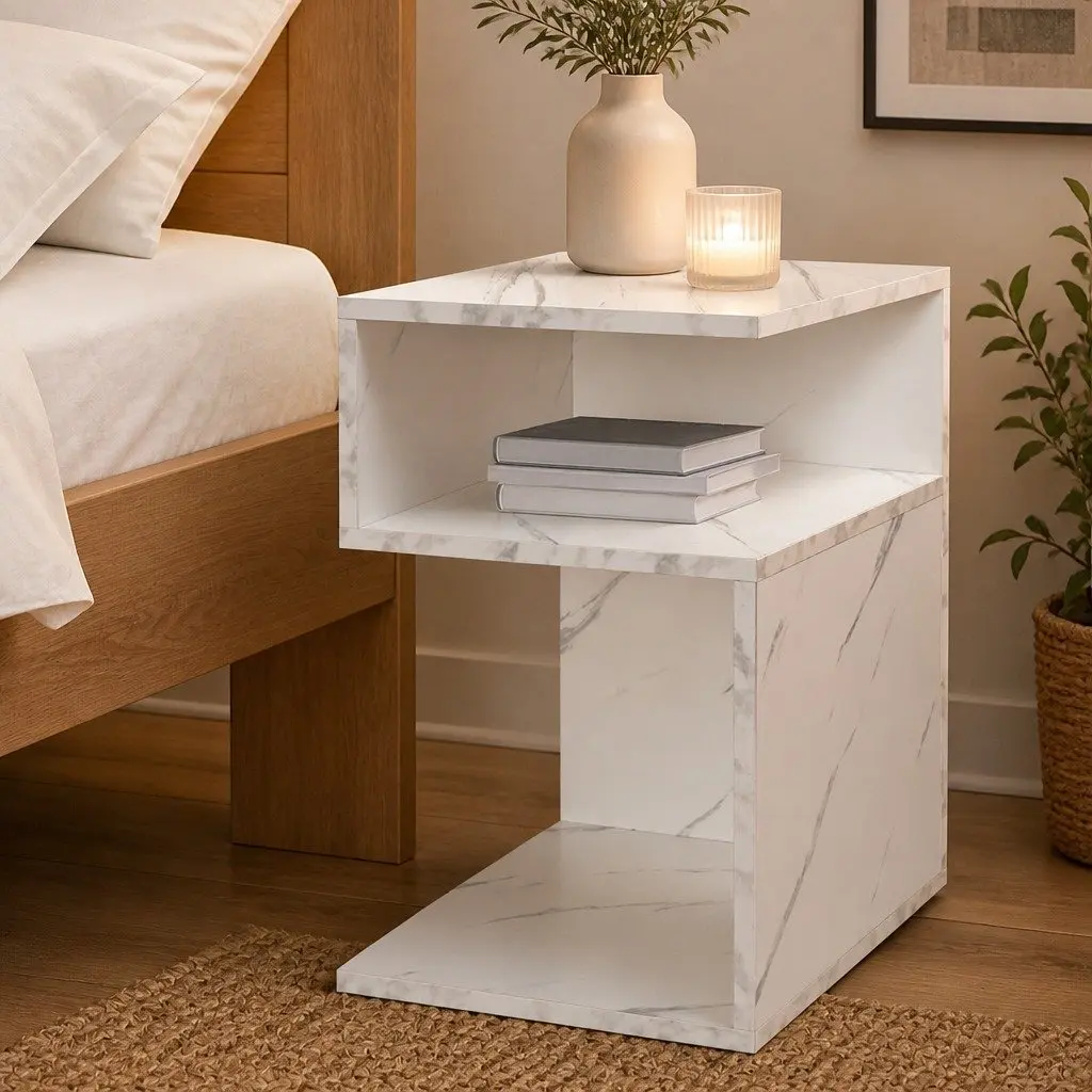 Bedside Table Marbled White Open Shelves Storage Particle Board 33cm x 33cm x 50cm
