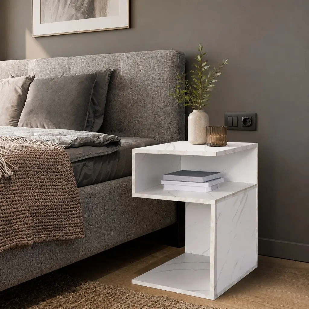 Bedside Table Marbled White Open Shelves Storage Particle Board 33cm x 33cm x 50cm