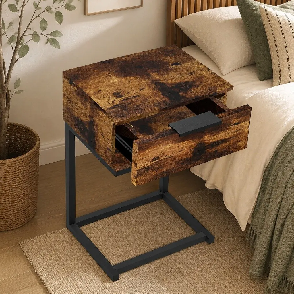 Bedside Table Industrial Style Oak Particle Board Storage Drawers Iron Frame 35cm W x 27cm D x 50cm H