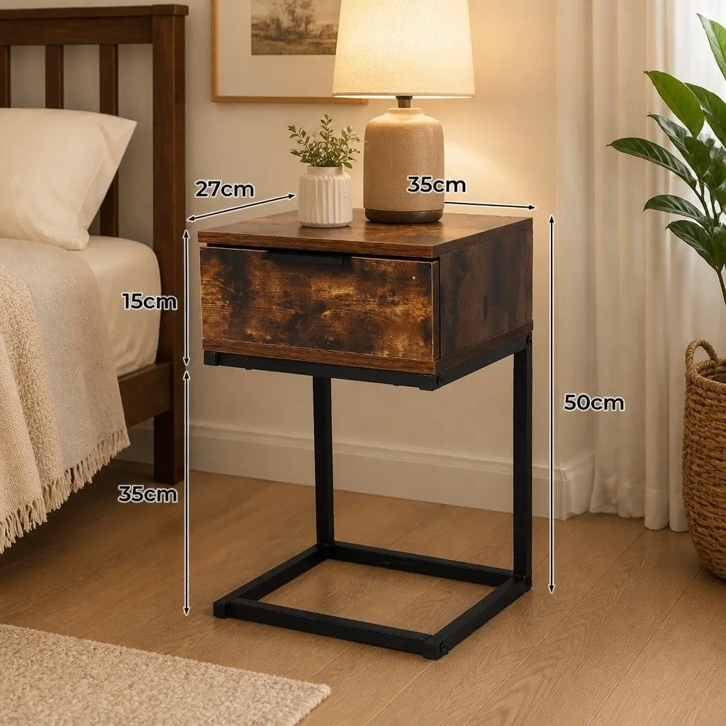Bedside Table Industrial Style Oak Particle Board Storage Drawers Iron Frame 35cm W x 27cm D x 50cm H