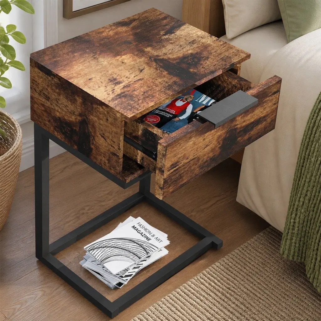 Bedside Table Industrial Style Oak Particle Board Storage Drawers Iron Frame 35cm W x 27cm D x 50cm H