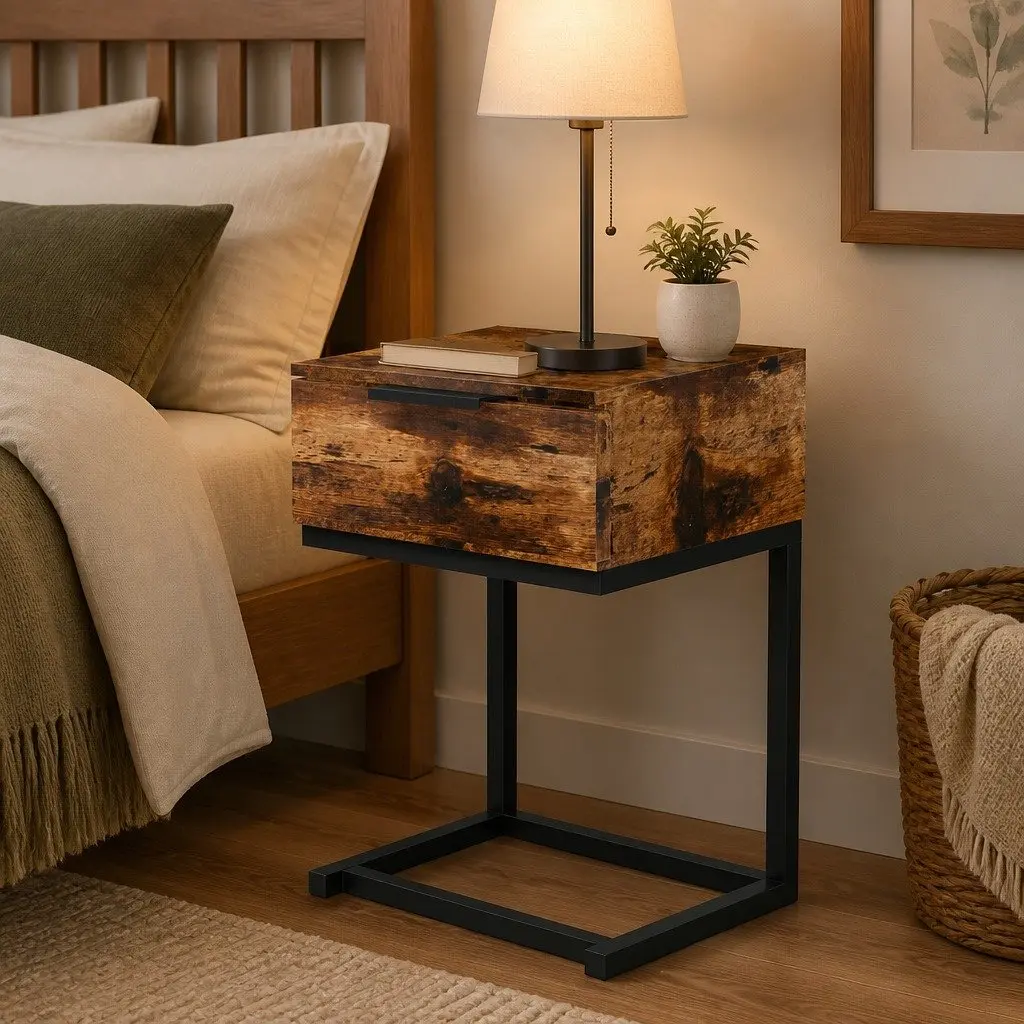 Bedside Table Industrial Style Oak Particle Board Storage Drawers Iron Frame 35cm W x 27cm D x 50cm H