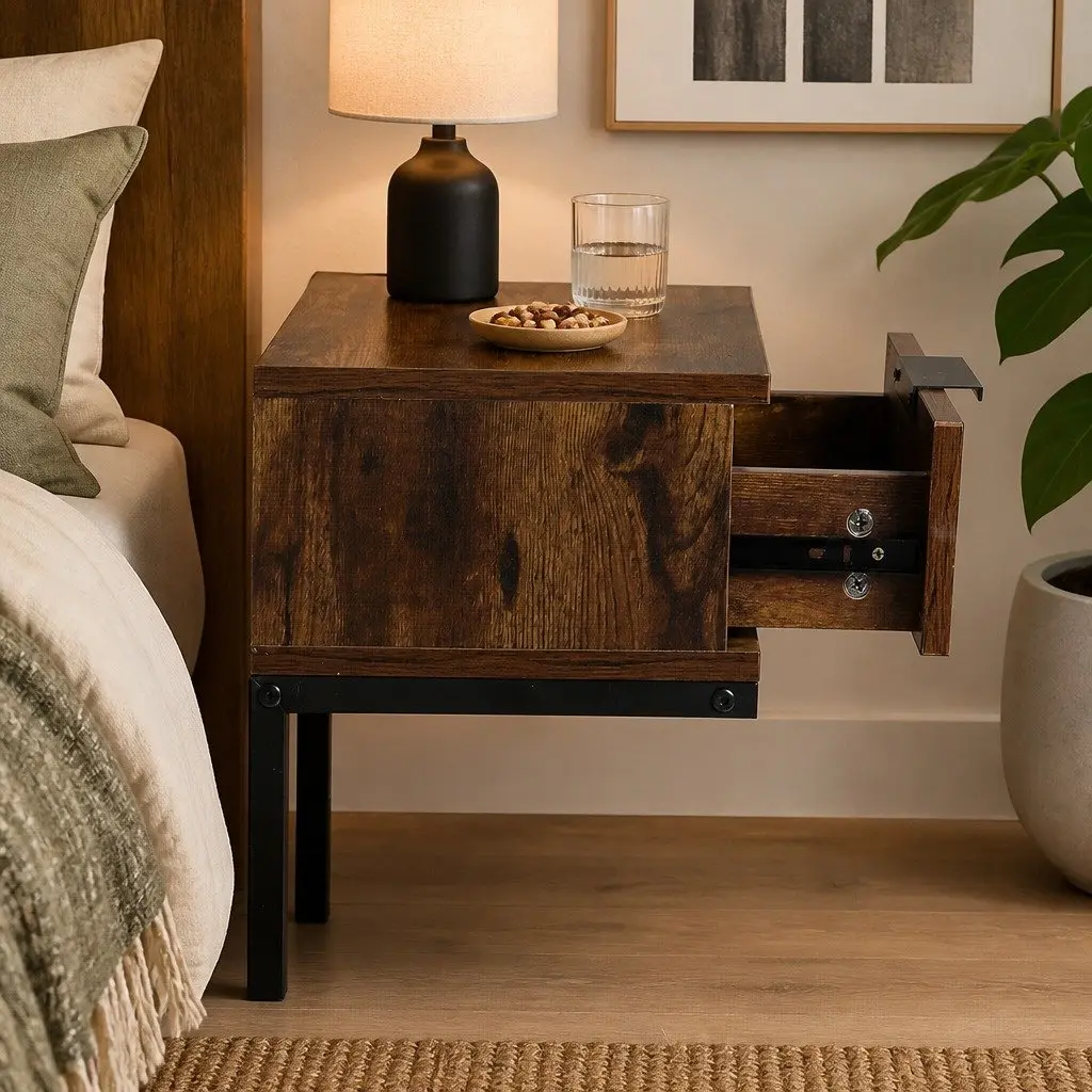 Bedside Table Industrial Style Oak Particle Board Storage Drawers Iron Frame 35cm W x 27cm D x 50cm H