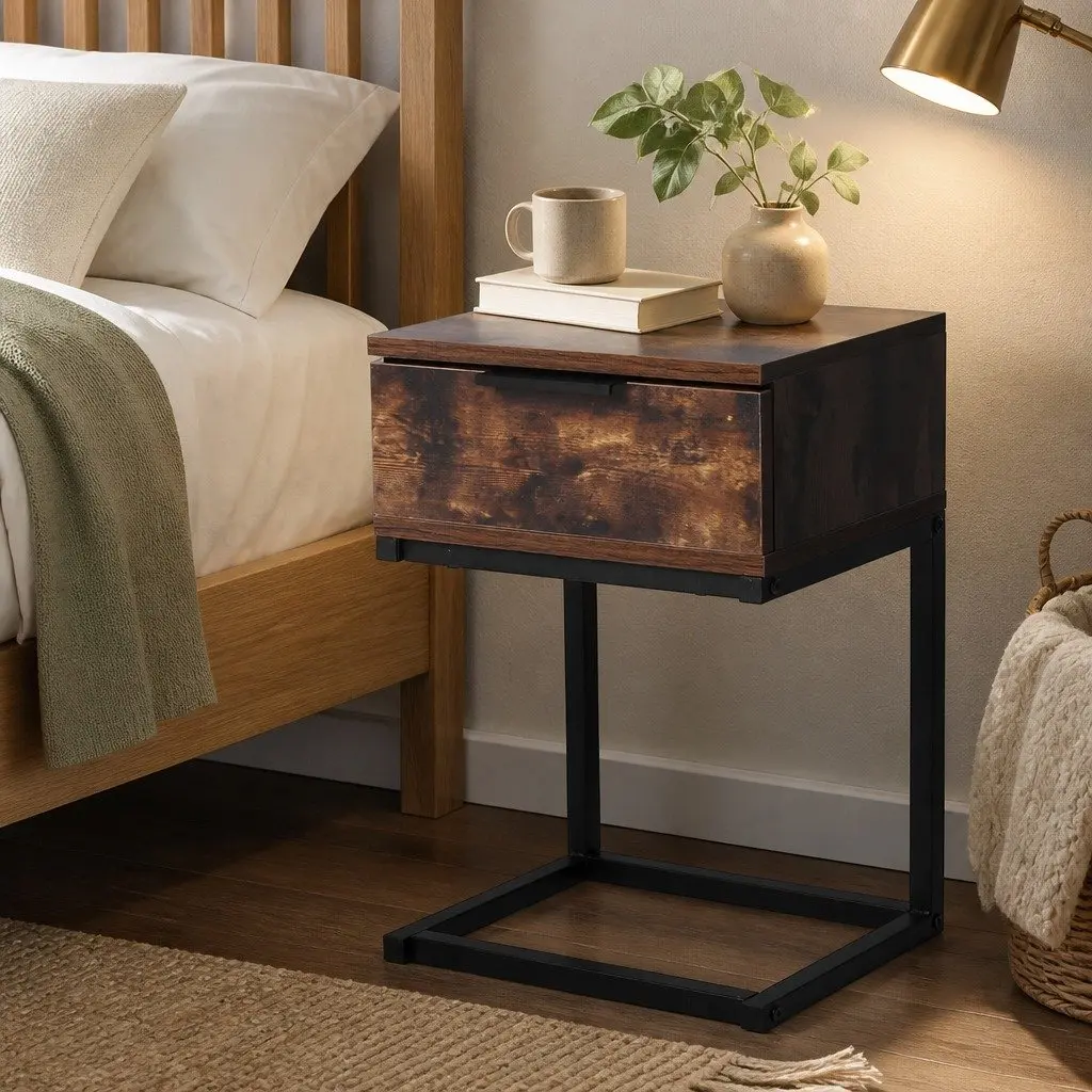 Bedside Table Industrial Style Oak Particle Board Storage Drawers Iron Frame 35cm W x 27cm D x 50cm H