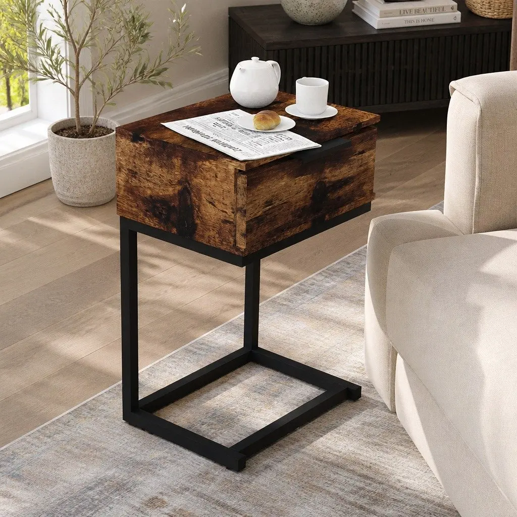 Bedside Table Industrial Style Oak Particle Board Storage Drawers Iron Frame 35cm W x 27cm D x 50cm H