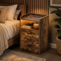 Oak Nightstand with LED Light and USB Charger