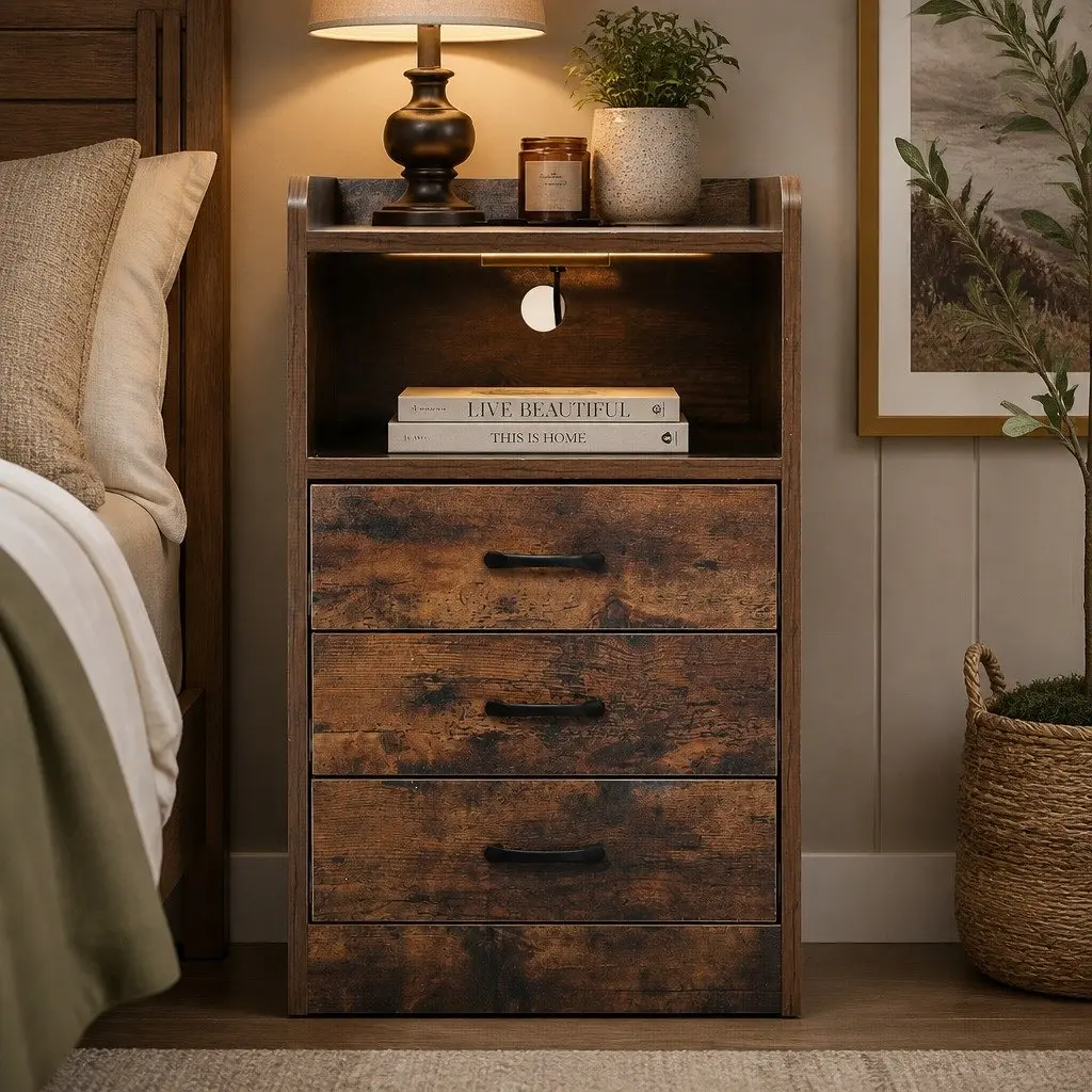 Oak Nightstand with LED Light and USB Charger