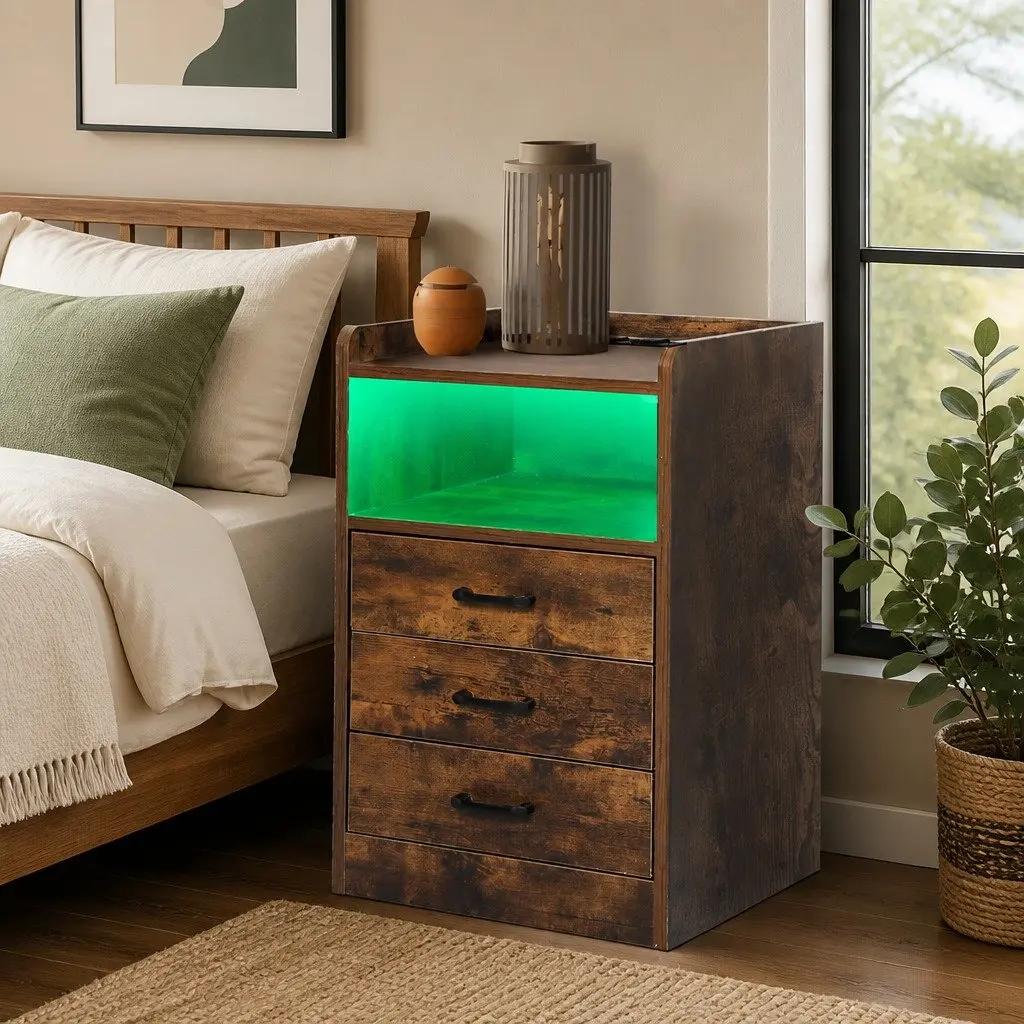 Oak Nightstand with LED Light and USB Charger