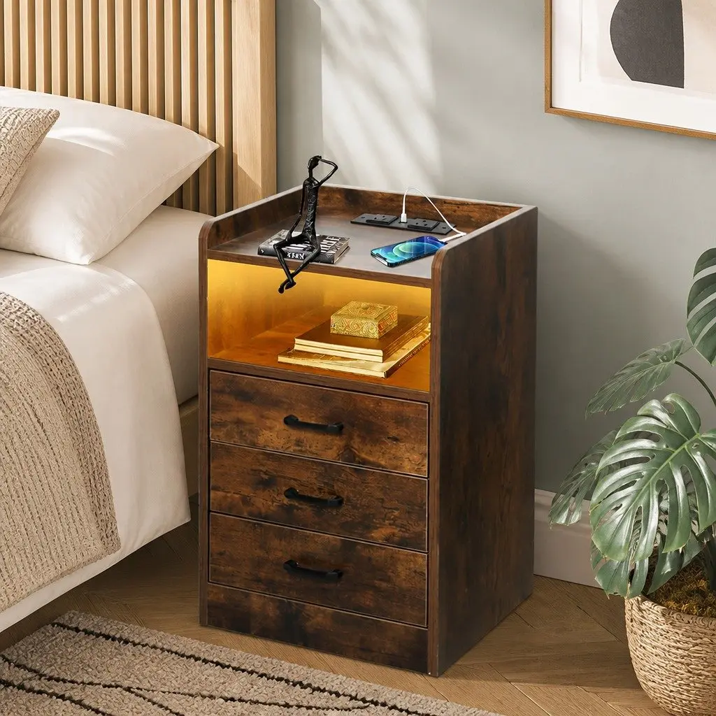 Oak Nightstand with LED Light and USB Charger